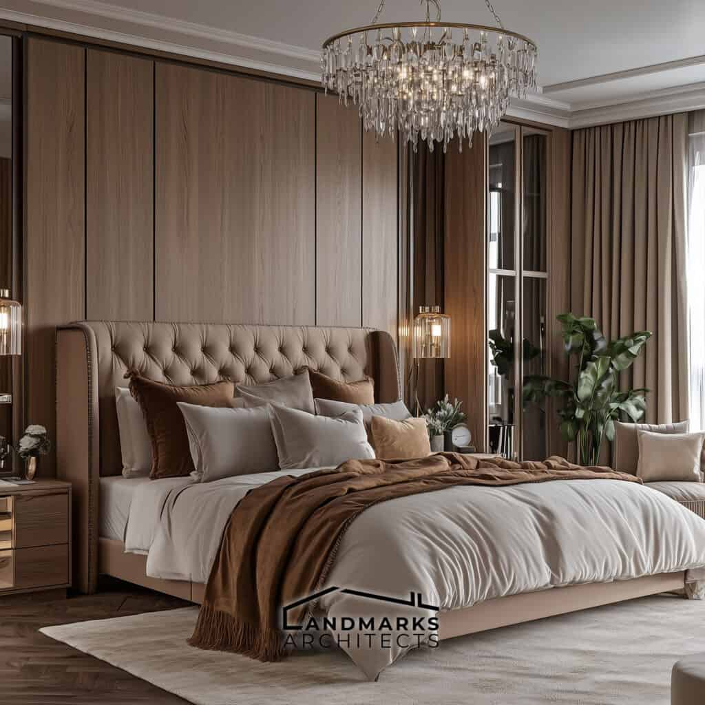 AI-generated luxury bedroom with wood and mirror wall, chandelier.