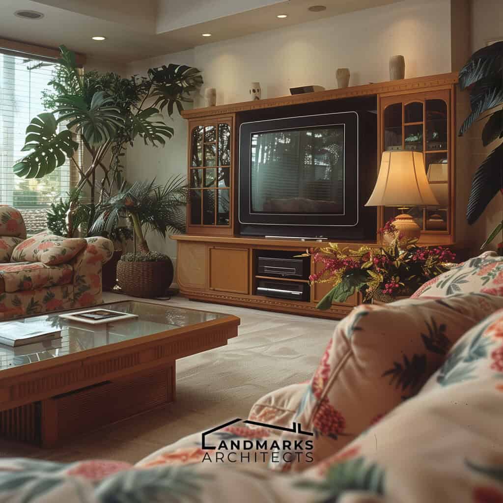 Cozy 1990s living area featuring floral prints and an entertainment center. Photo generated by AI.