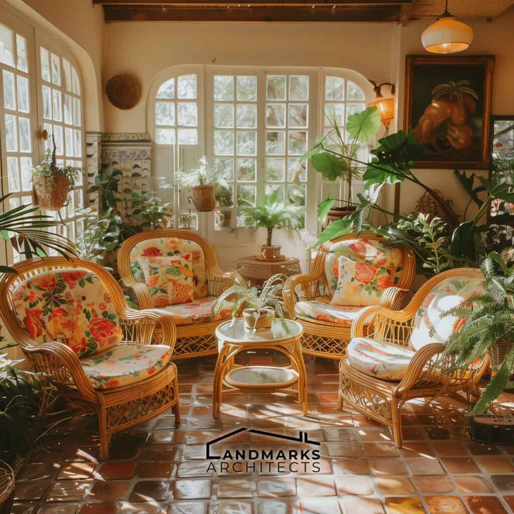 Charming 1990s sunroom featuring wicker furniture and vibrant plants. Photo generated by AI.