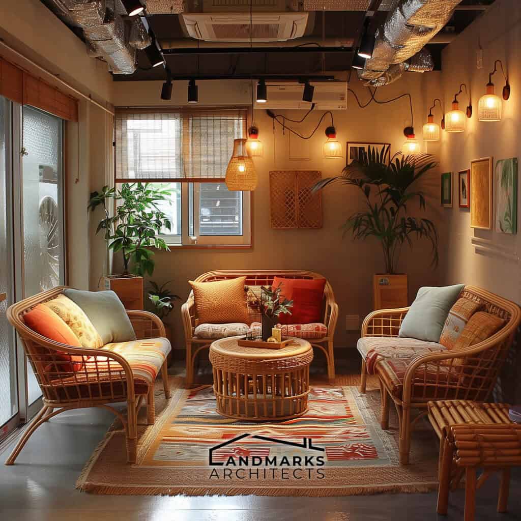 Charming 1990s open-plan living area with wicker furniture and inviting decor. Photo generated by AI.