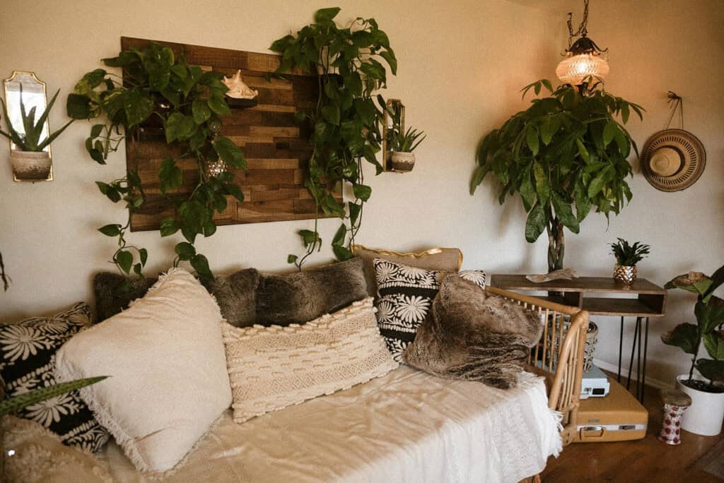 Bohemian living room with indoor plants.