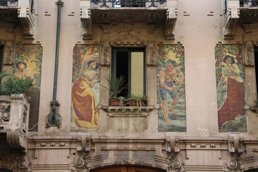 Close-up of Casa Galimberti facade in Milan.