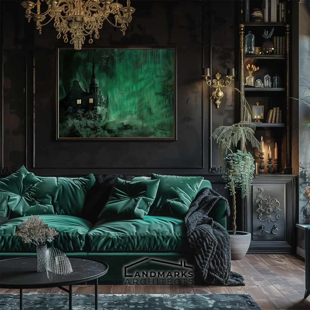 Modern Gothic interior with a dark palette. Photo generated by AI.