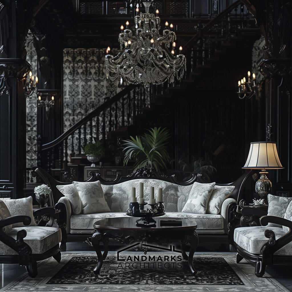 Modern Gothic interior with intricate decorative accents.