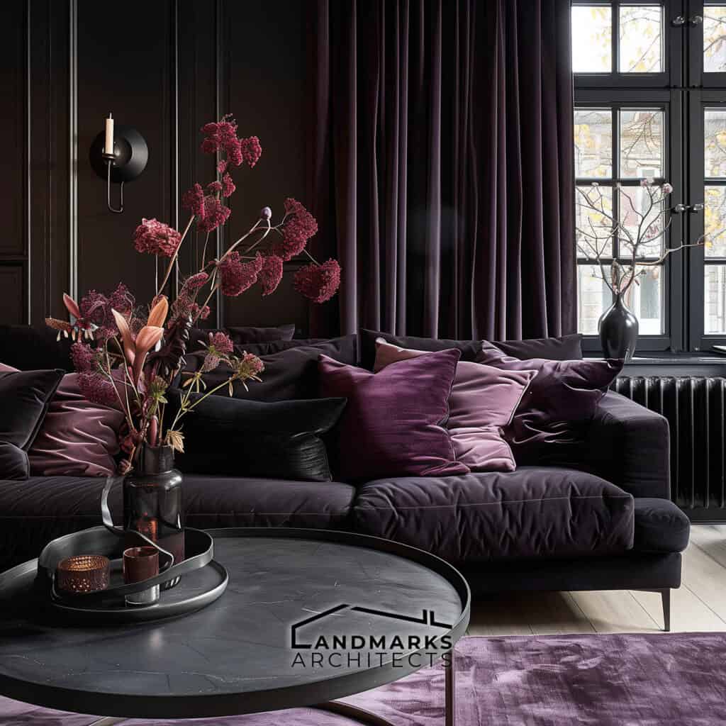 Modern Gothic interior with luxurious fabrics.