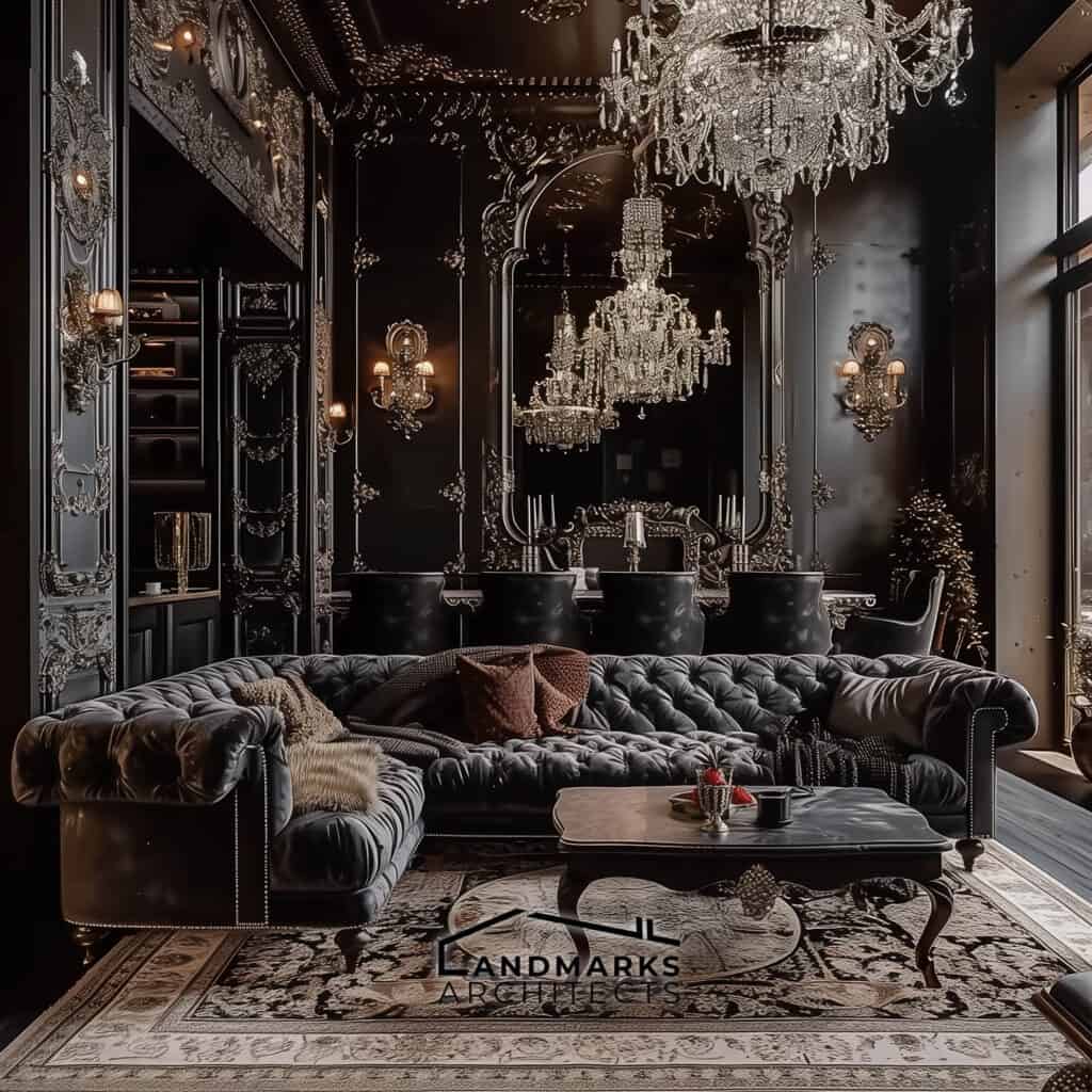 Ornate furniture and decorative pieces in a modern Gothic interior.