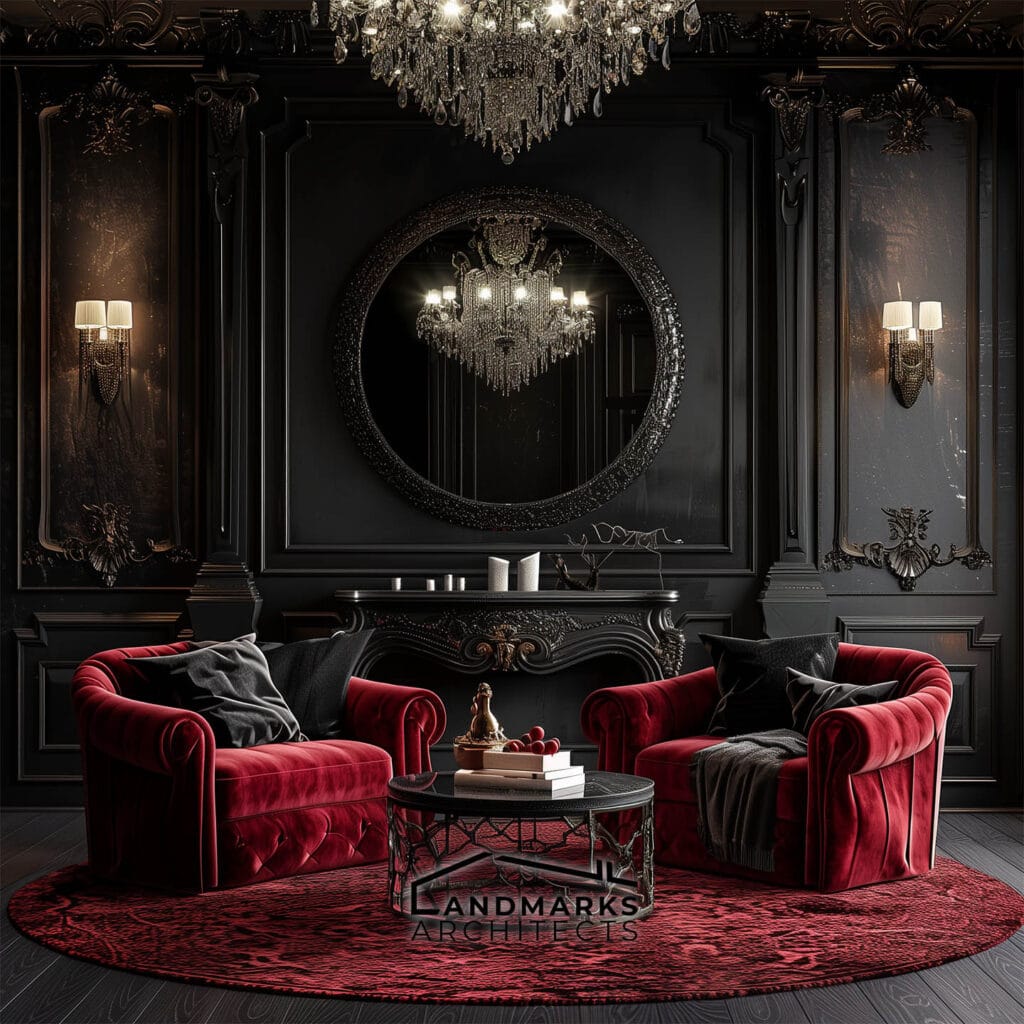 Dramatic modern Gothic interior featuring deep red accents.