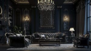 Chic modern Gothic interior with an emphasis on dark hues.