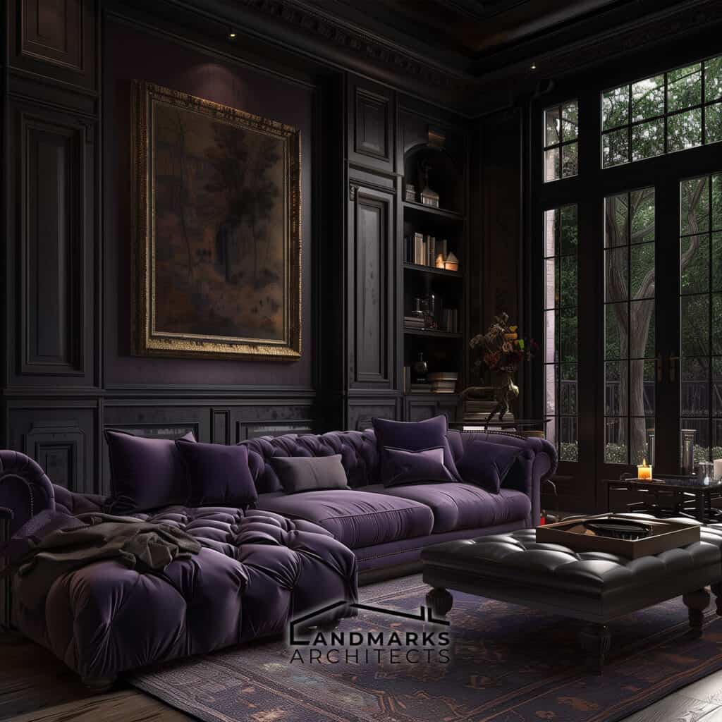 Modern Gothic interior featuring rich purple tones.