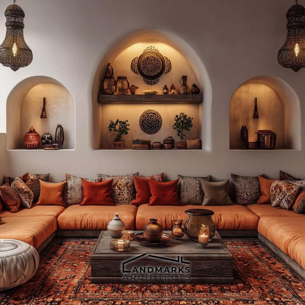 Vibrant Moroccan interior with colorful pottery and art. Photo generated by AI.