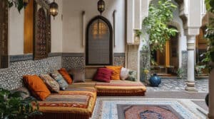 Elegant Moroccan interior with traditional decor and rich textiles. Photo generated by AI.