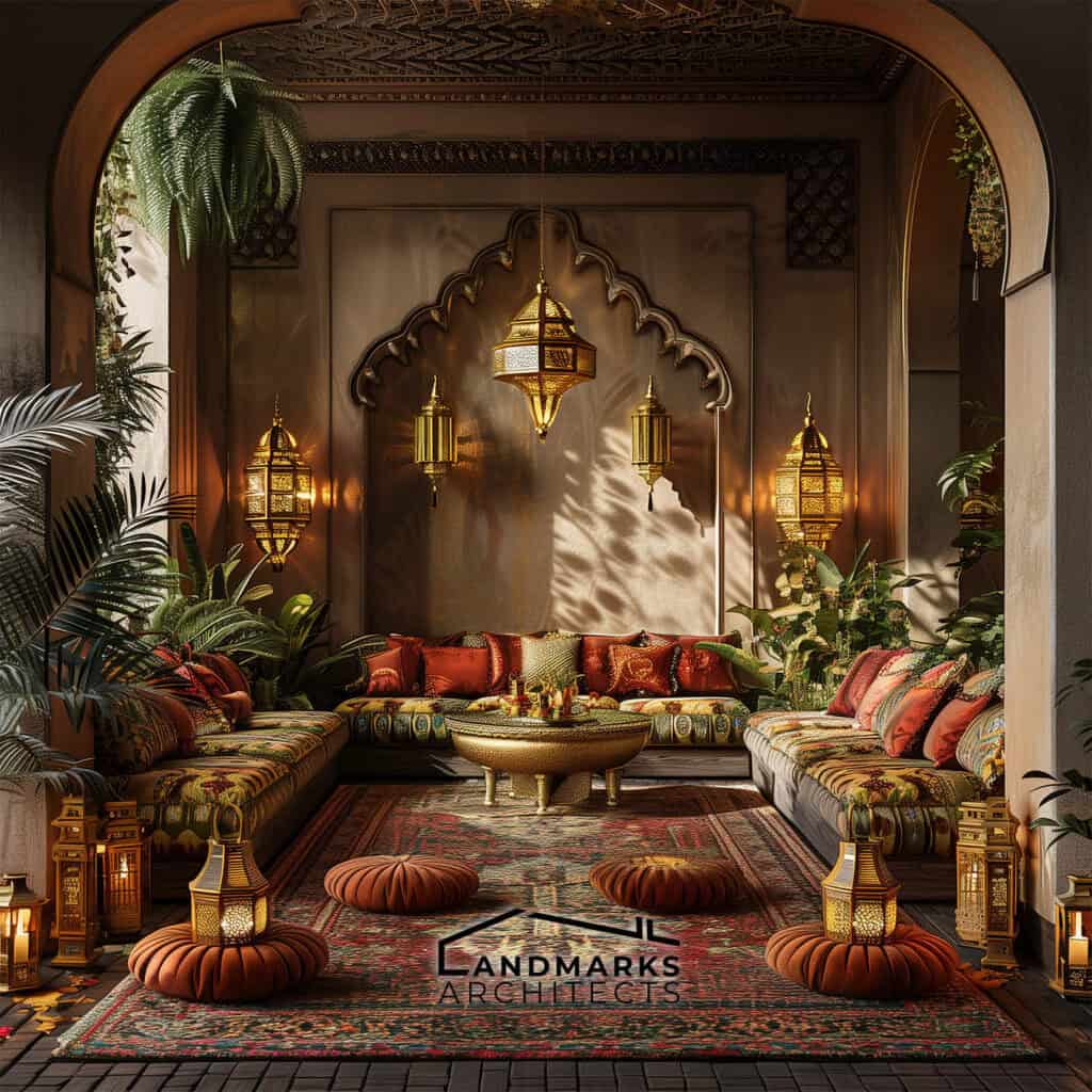 interior with gold accents and lanterns. Photo generated by AI.