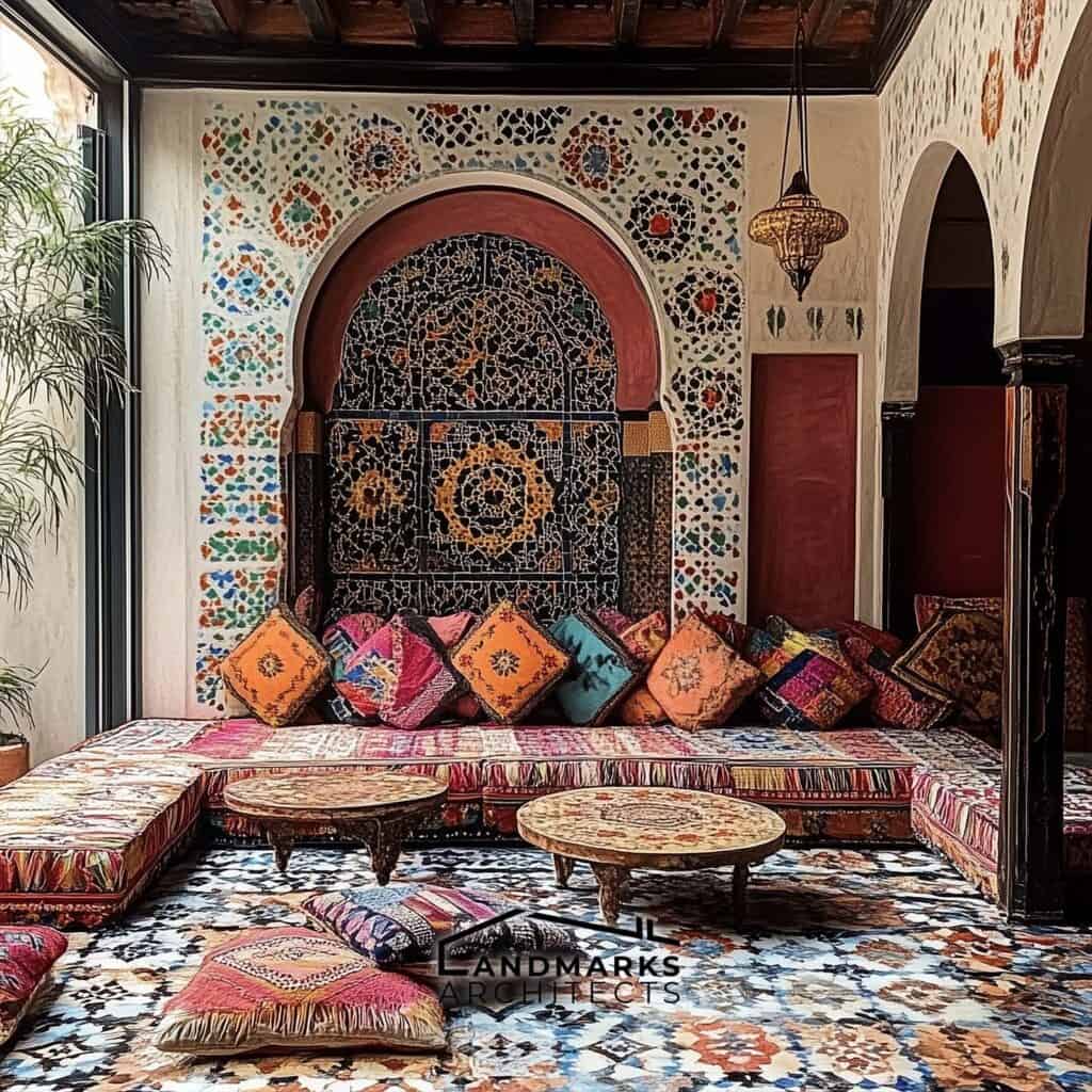 Layered textiles in Moroccan decor. Photo generated by AI.