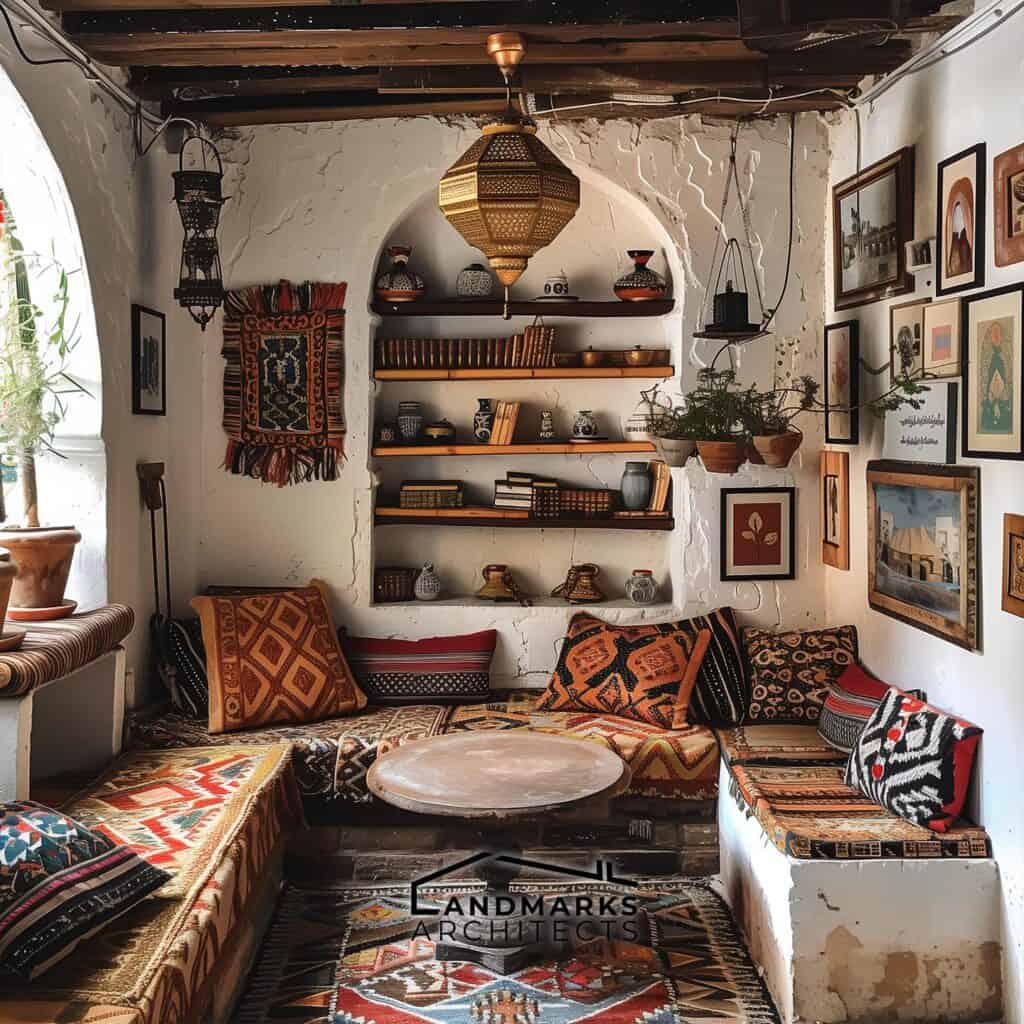 Cozy Moroccan-inspired interior with personal touches. Photo generated by AI.