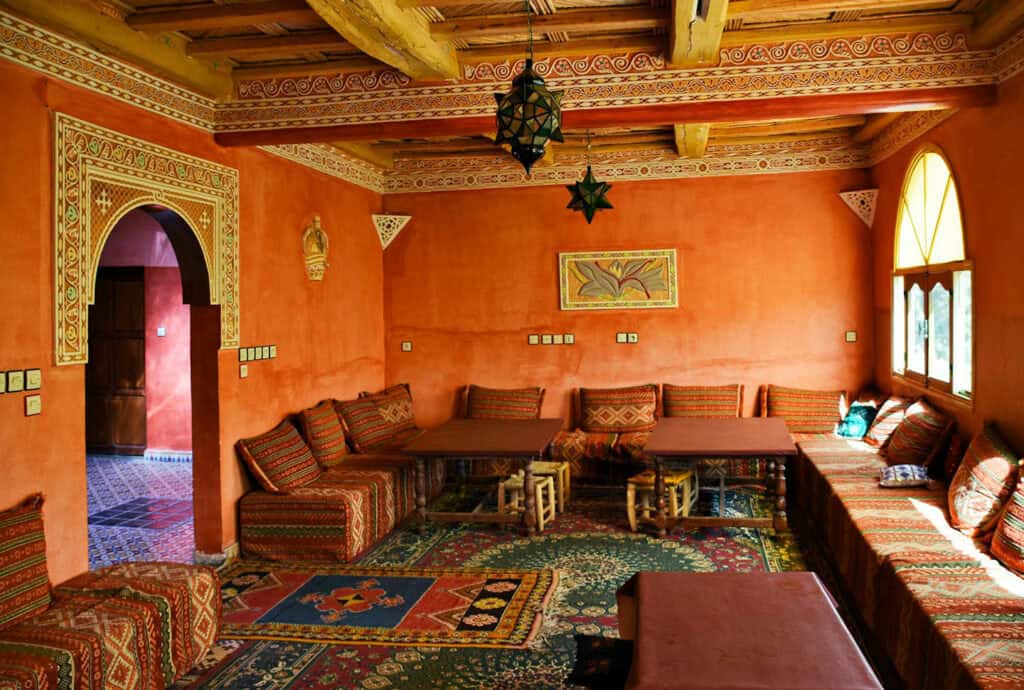 Red Moroccan-style living room with traditional decor