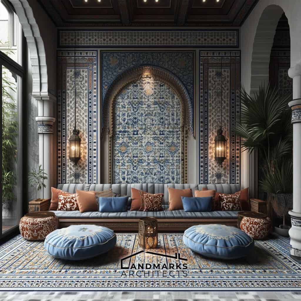 Chic Moroccan interior with vibrant colors and patterns. Photo generated by AI.