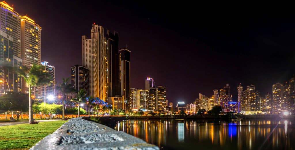 Panama City coastline at night, illuminated skyline