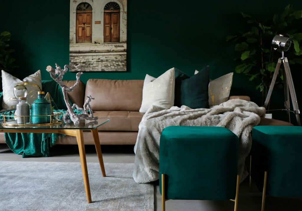 Living room with green-painted walls.