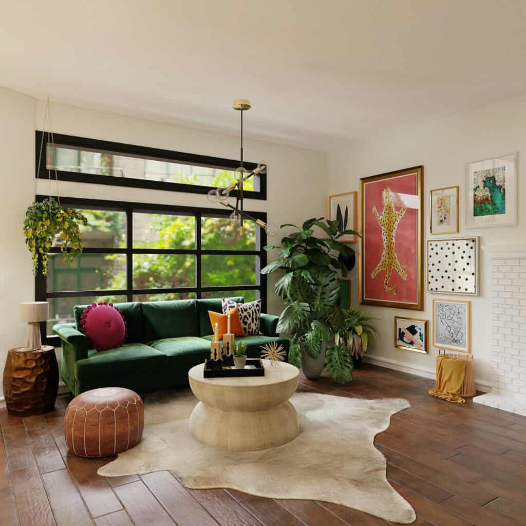 Room with green sofa and lush green plants.