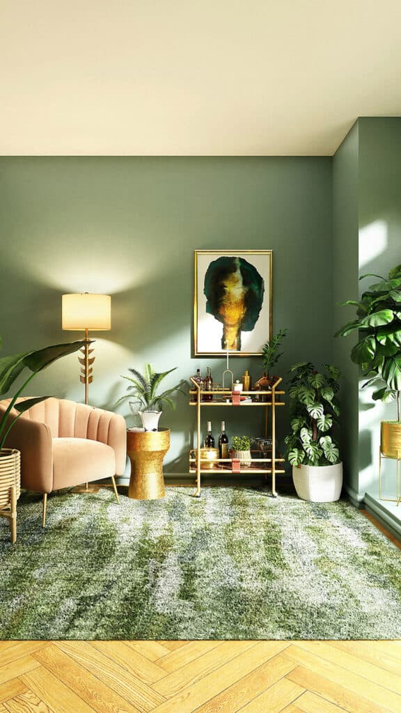 Room with green-themed interior design.