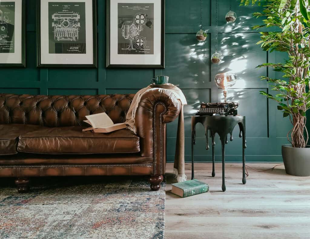 Room with green accent walls.