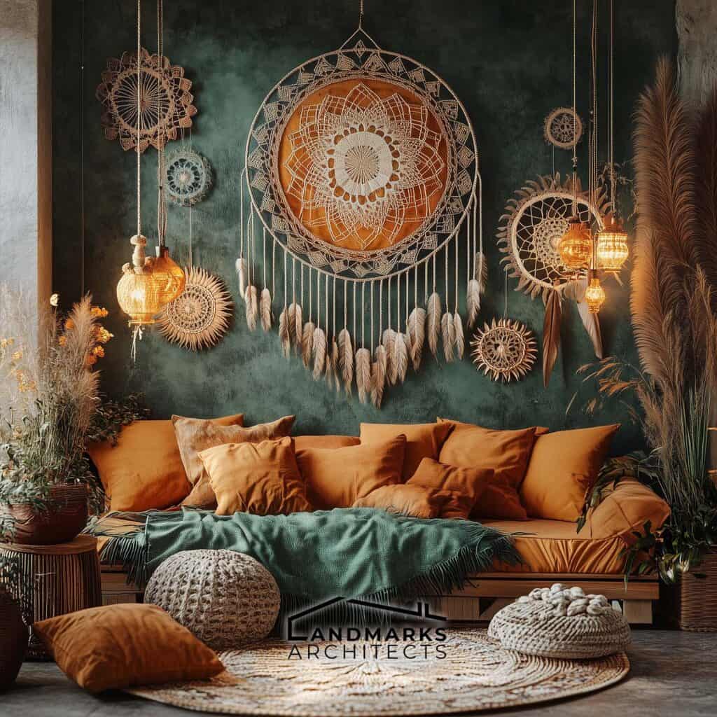 Cozy bohemian room with earthy colors and natural accents. Photo generated by AI.