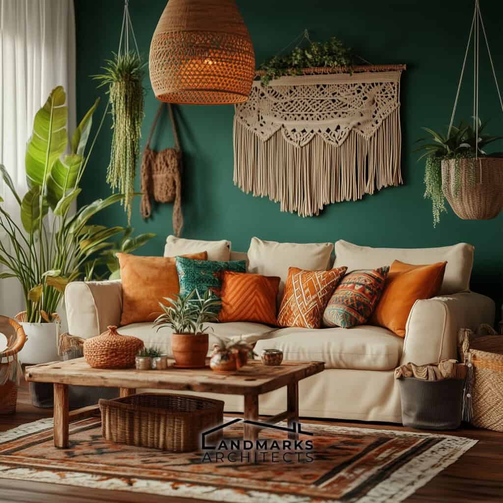 Boho-style living room with green accent wall, woven decor, and warm lighting. Photo generated by AI.