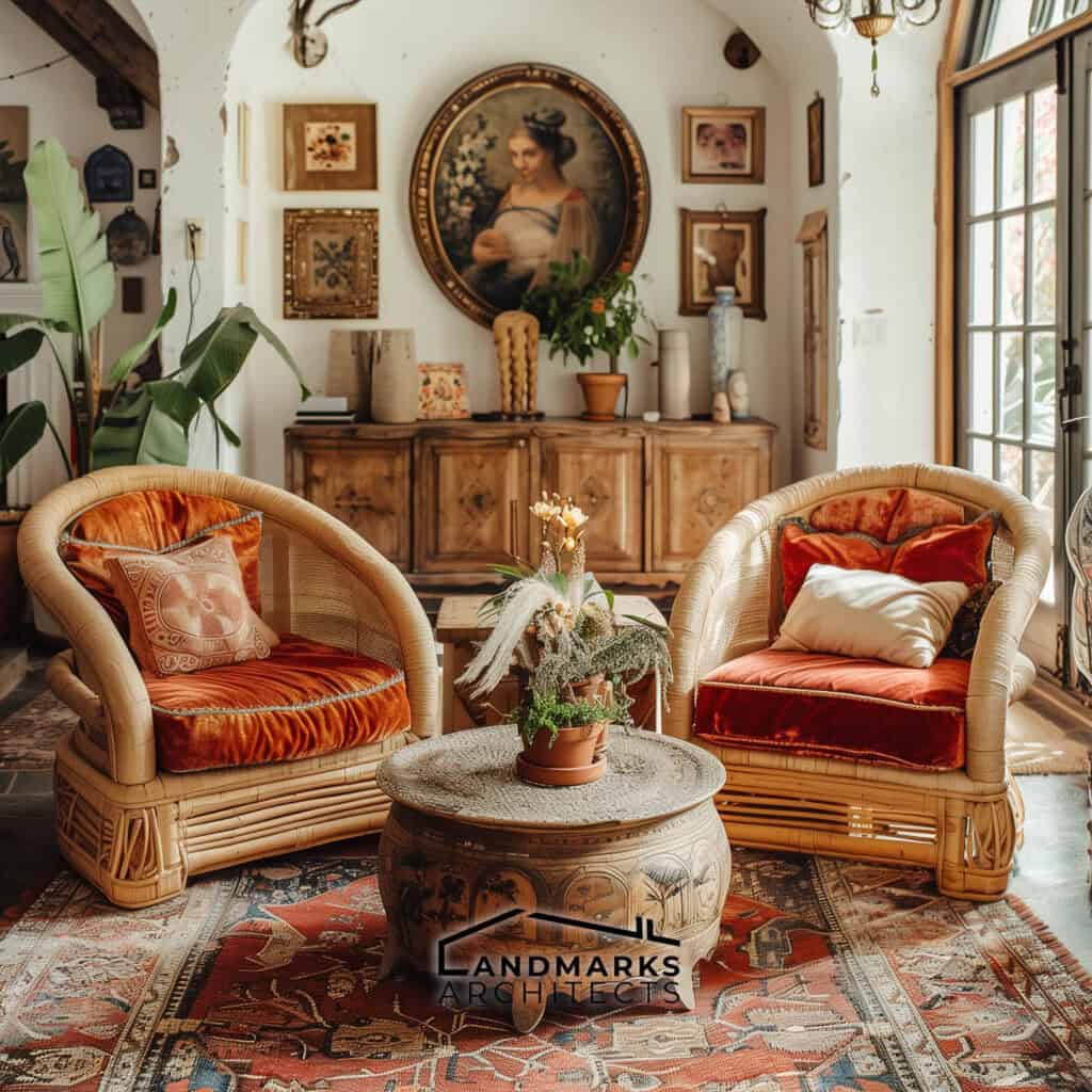 Eclectic furniture defines bohemian interiors with a creative touch. Photo generated by AI.