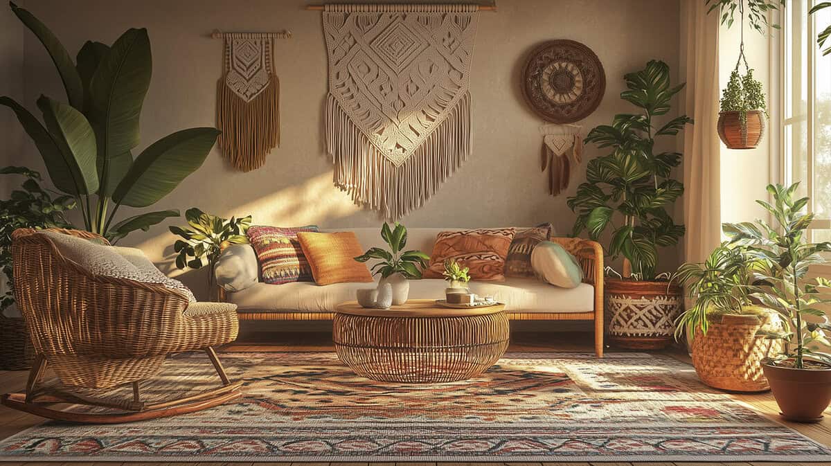 tylish modern bohemian living room with vibrant accents. Photo generated by AI.