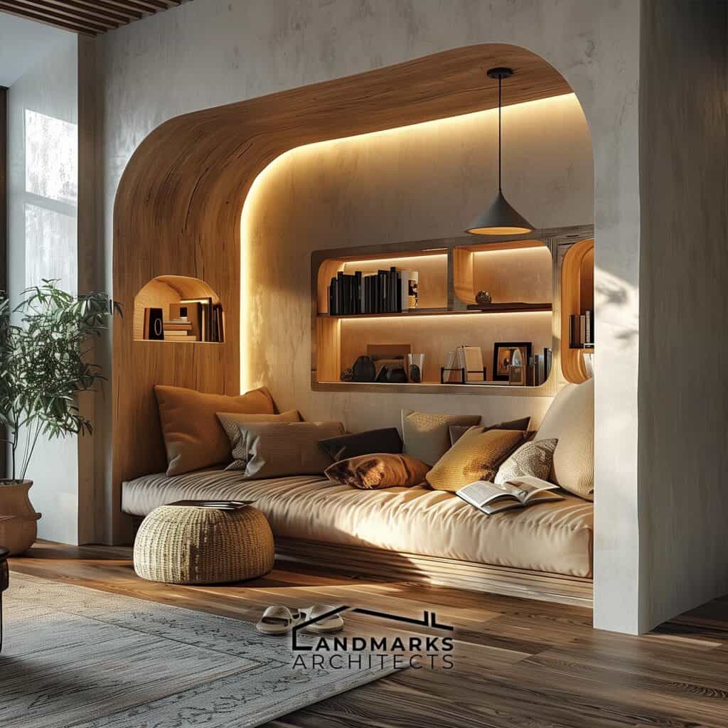 Cozy reading nook in a modern bohemian living space. Photo generated by AI.