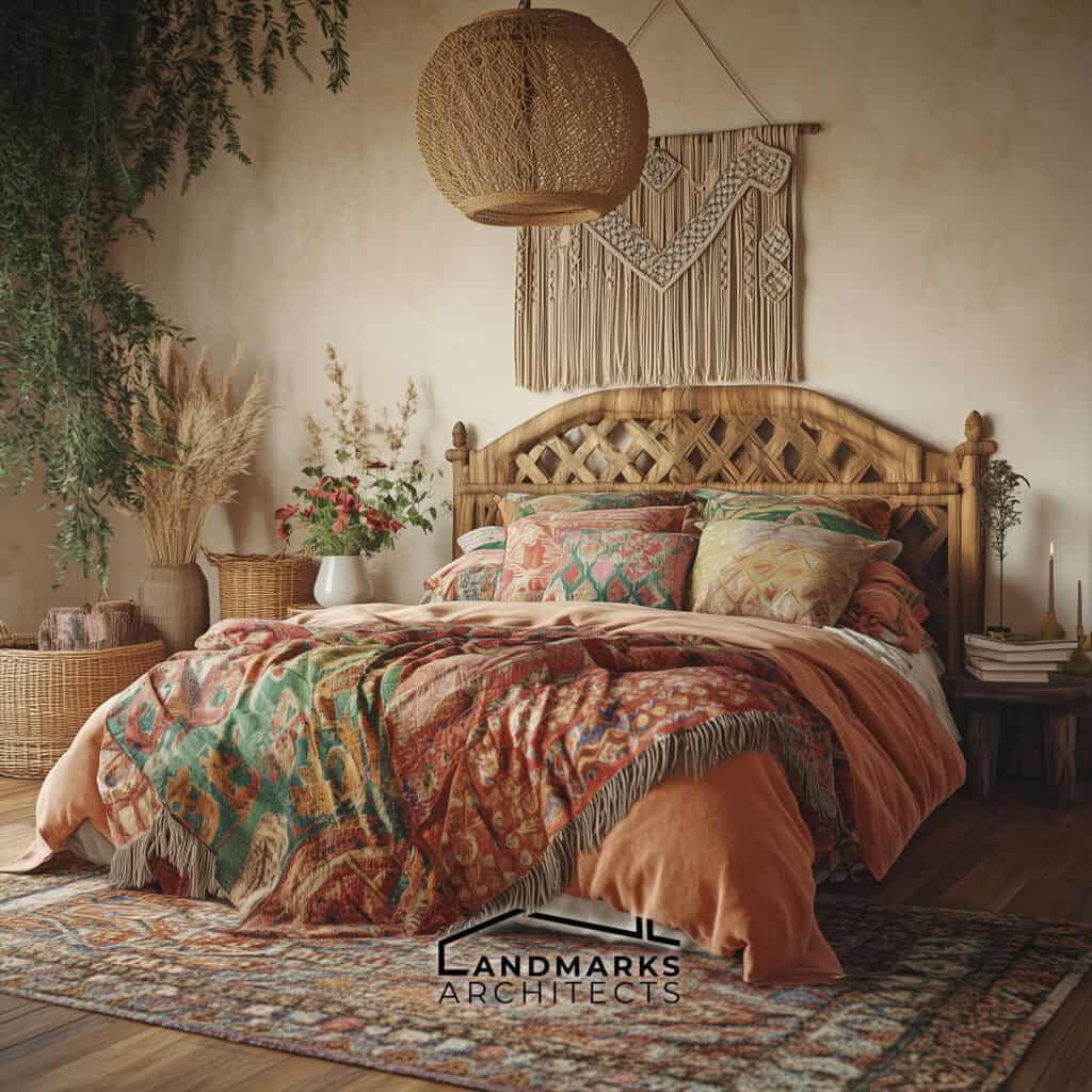 A cozy boho bedroom that blends comfort with artistic flair. Photo generated by AI.