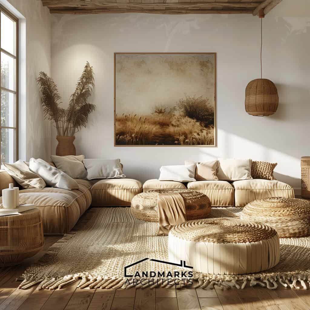 Modern boho living room with natural materials. Photo generated by AI.