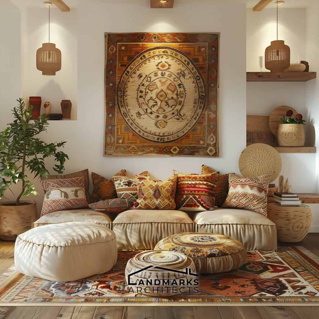 Embrace the warmth of modern boho style in your home. Photo generated by AI.