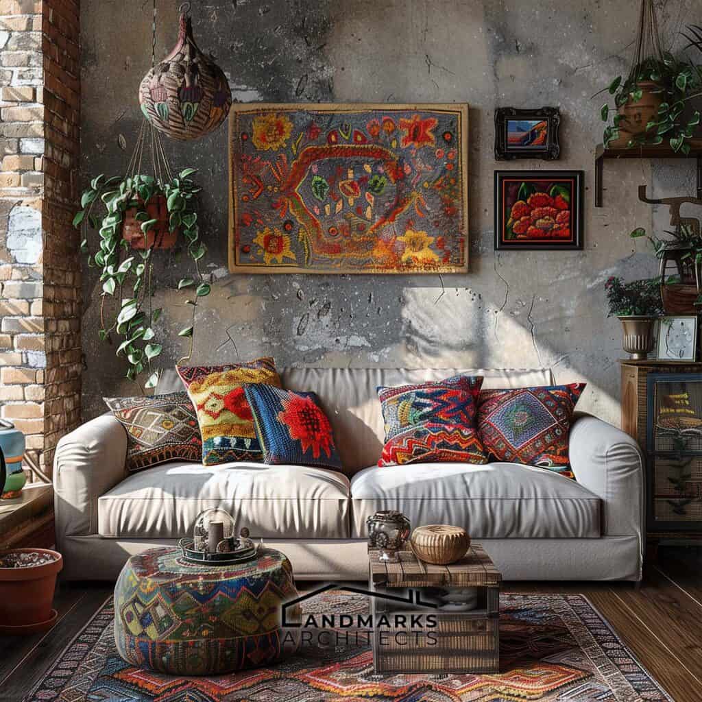 Artistic decor brings the bohemian spirit to life. Photo generated by AI.