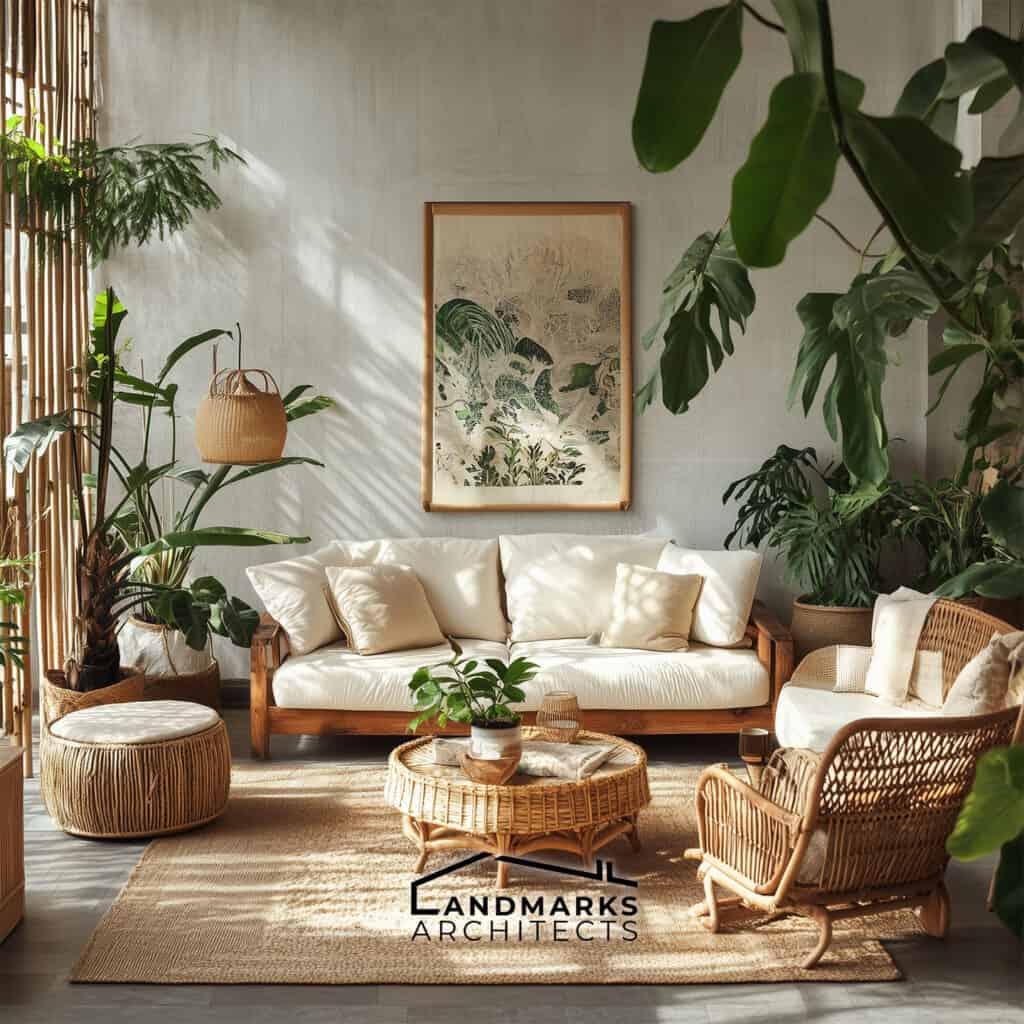 Bohemian decor with natural plants for a calming vibe. Photo generated by AI.