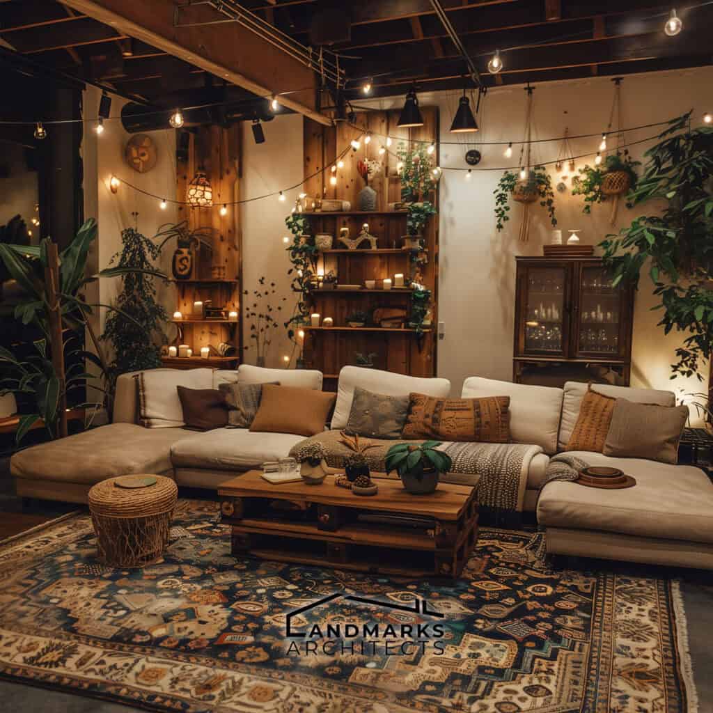 Ambient lighting enhances the warmth of modern bohemian decor. Photo generated by AI.