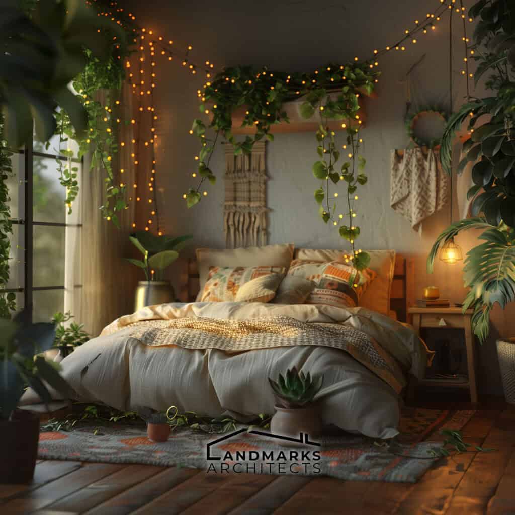 Boho-style bedroom with string lights and lush indoor plants. Photo generated by AI.