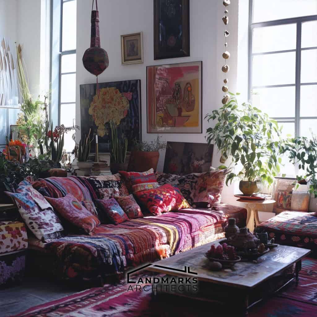 A cozy boho living room featuring vibrant decor and natural textures. Photo generated by AI.