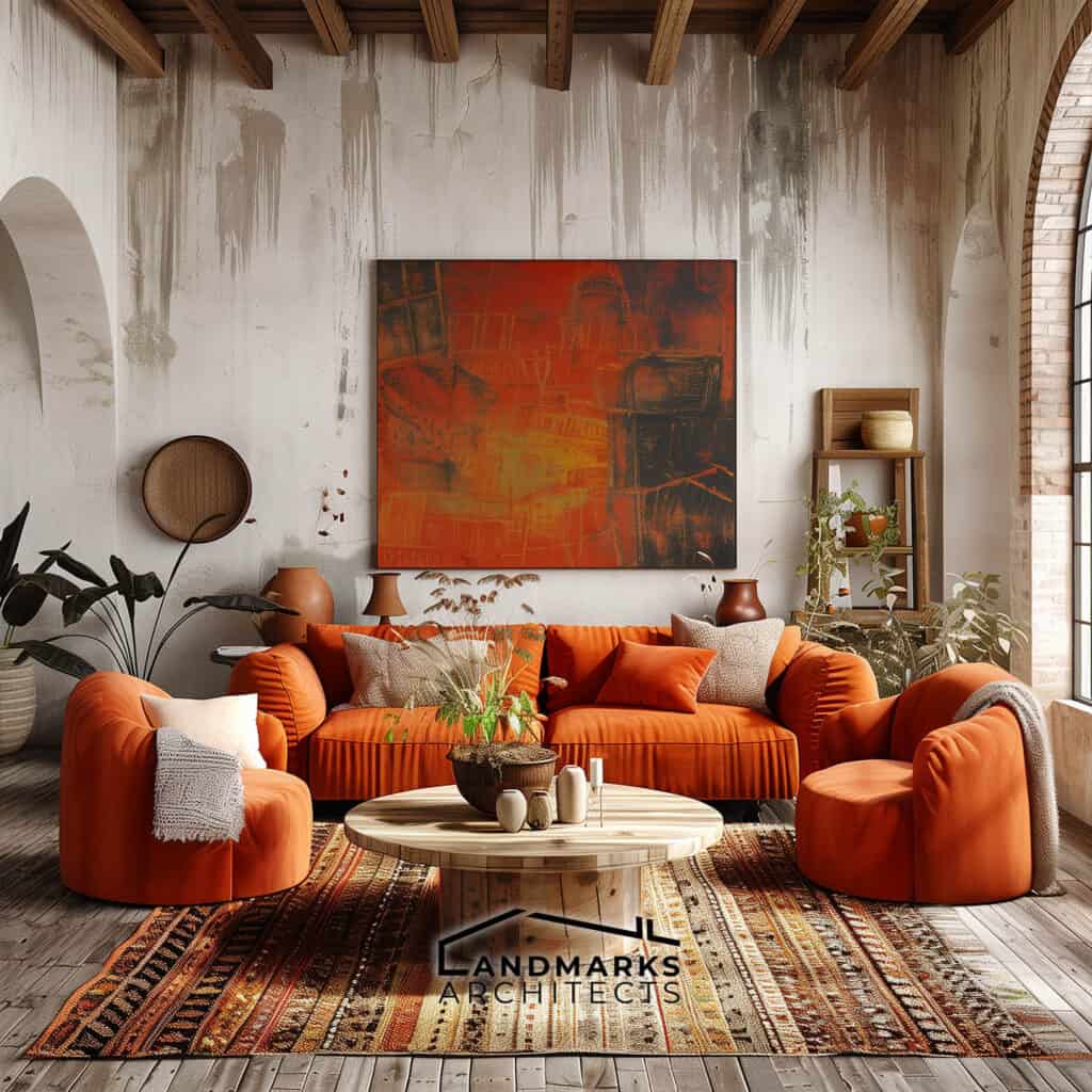 Eclectic furniture in a boho-style living room. Photo generated by AI.