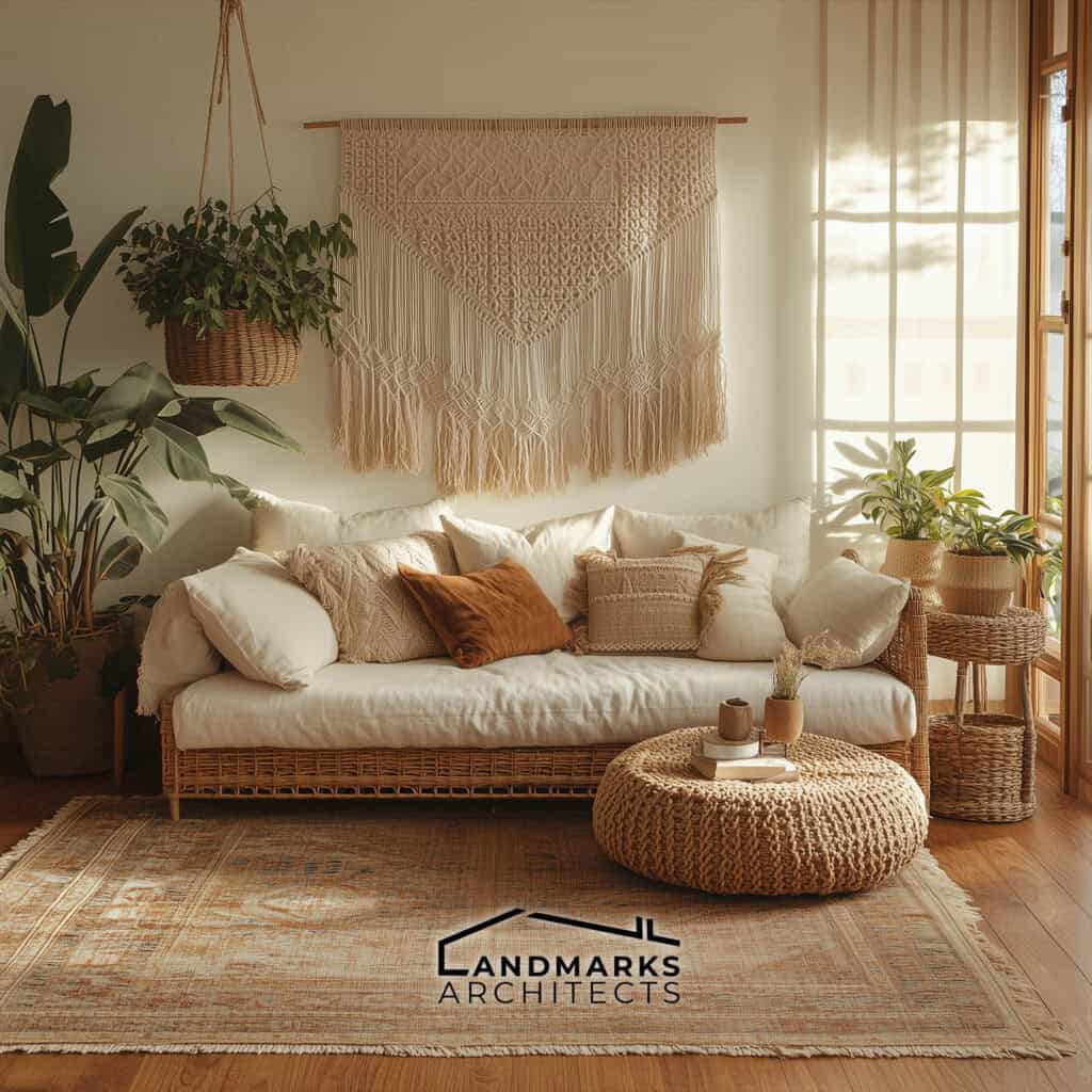 Boho interior with natural wood, rattan, and woven accents. Photo generated by AI.