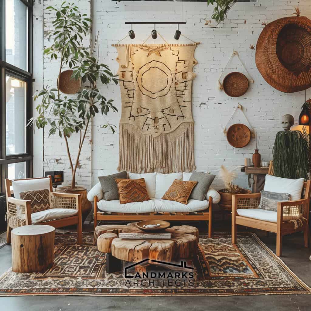 Natural materials add warmth to boho spaces. Photo generated by AI.