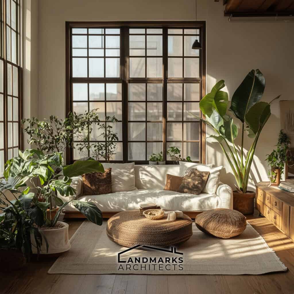 Indoor plants enhancing modern bohemian decor. Photo generated by AI.