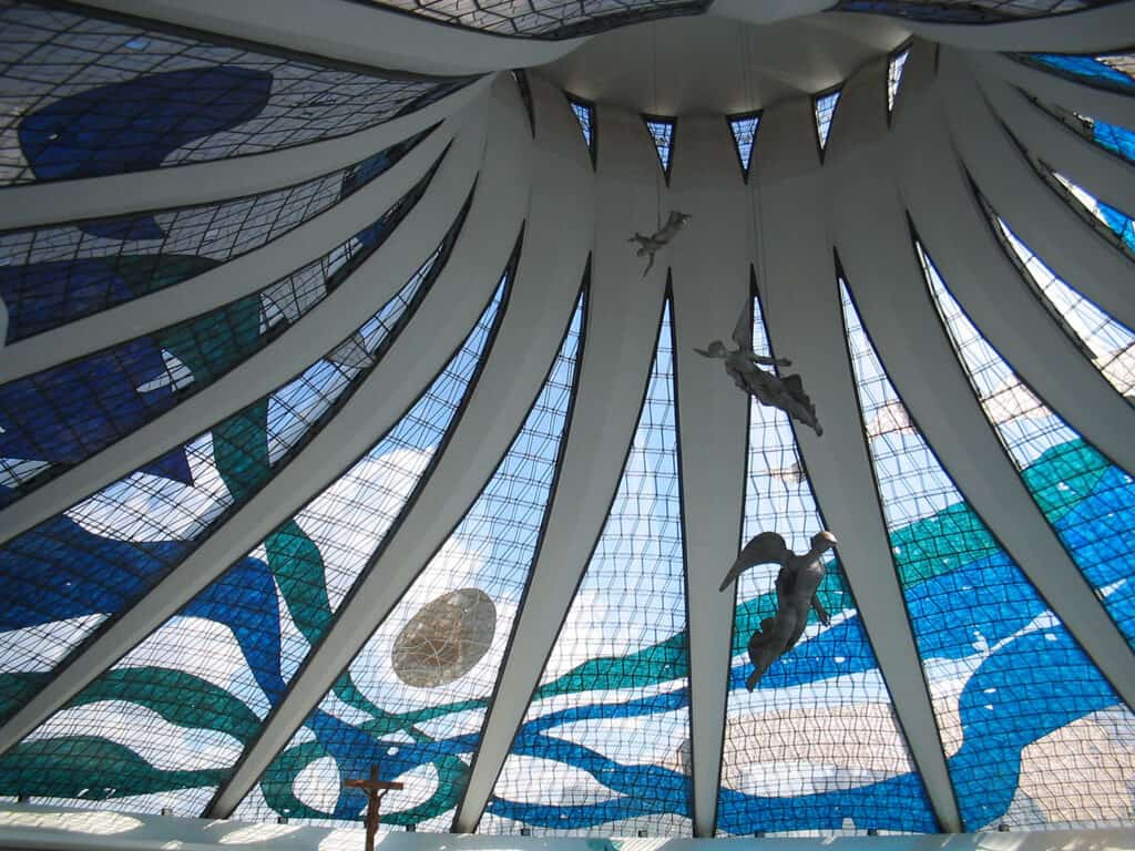 Interior of the Cathedral of Brasília with stained glass ceiling.