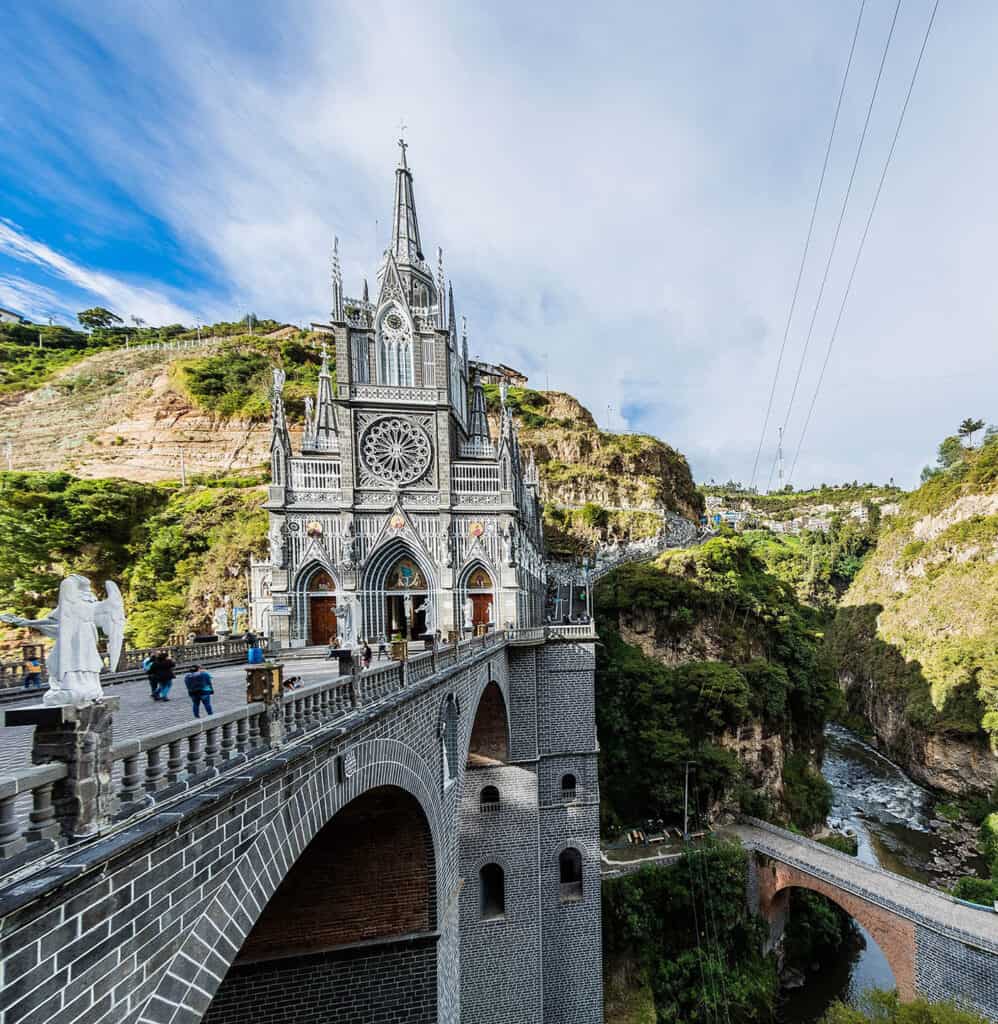 Las Lajas Sanctuary in Colombia, perched above a gorge.