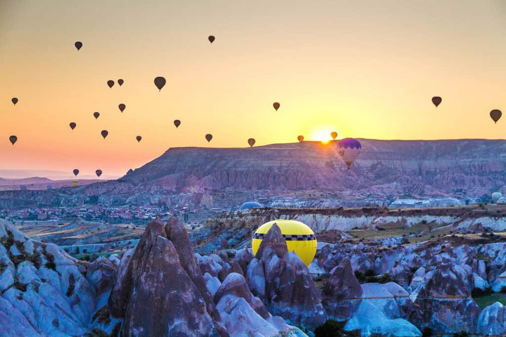 Cappadocia’s unique rock formations and fairy chimneys in Turkey.