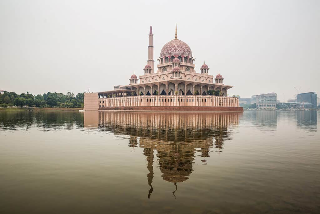 Putra Mosque with its pink dome and lake view.