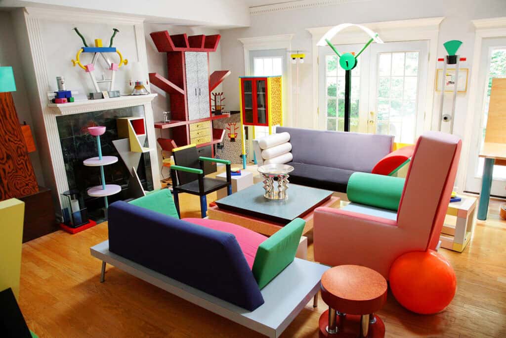 Colorful postmodern furniture by the Memphis Group.