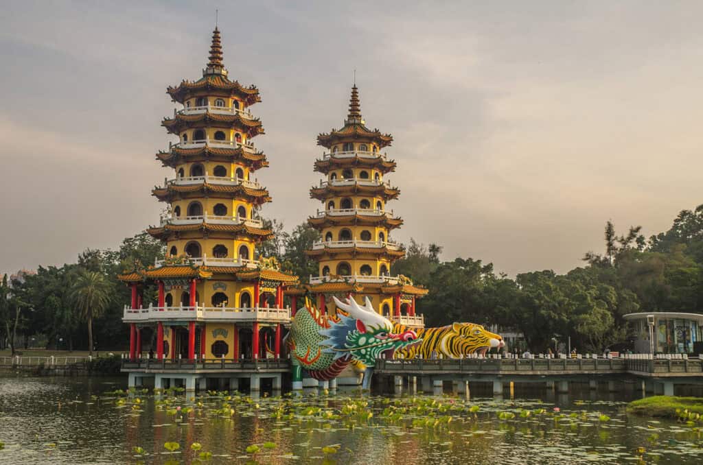 Dragon and Tiger Pagodas with colorful details in Kaohsiung, Taiwan.