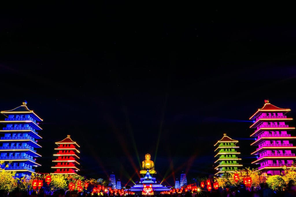 Fo Guang Shan Monastery illuminated at night.