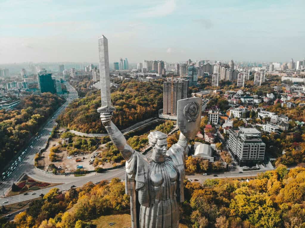 Motherland Monument in Kyiv skyline, Ukraine